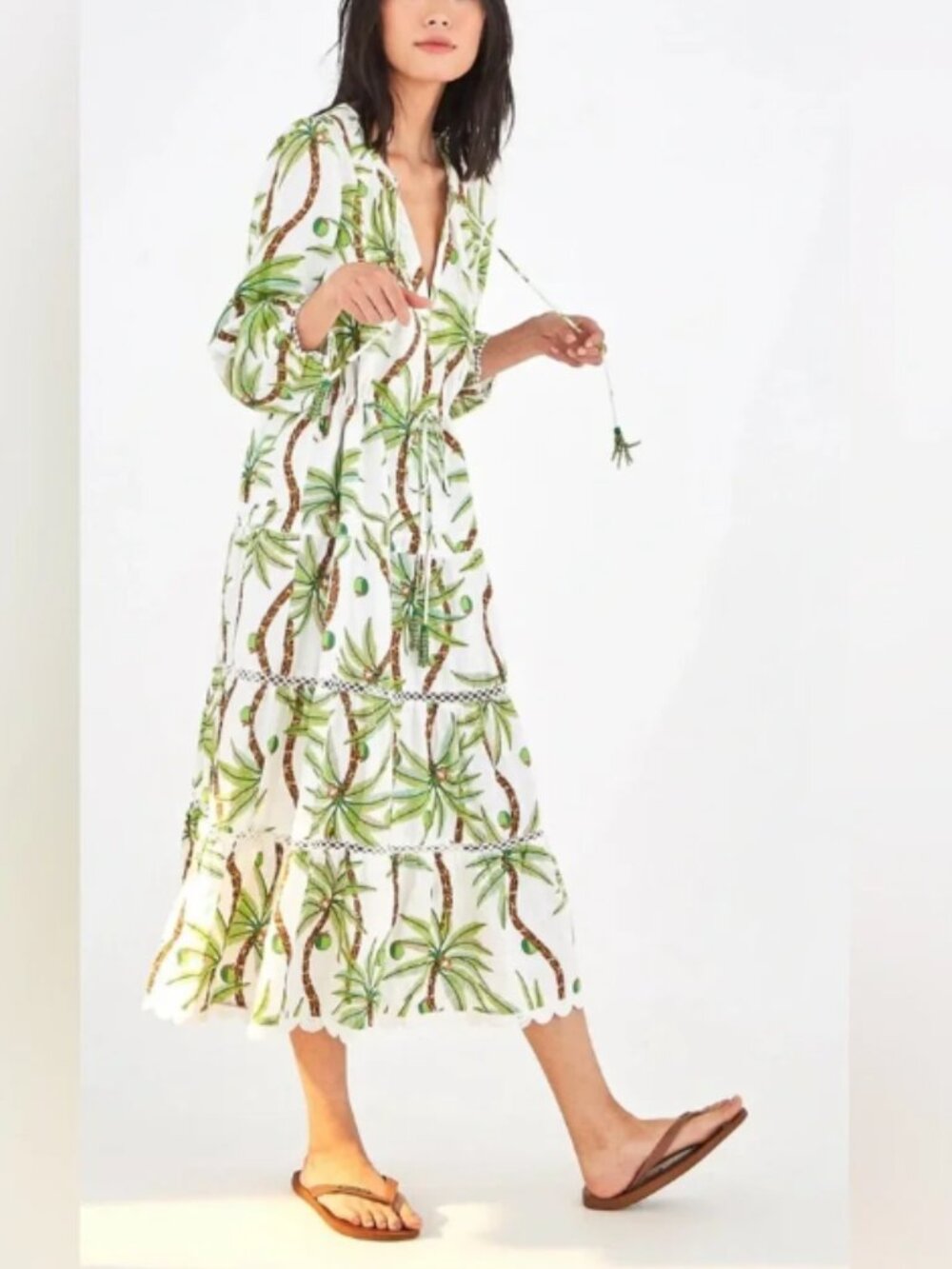 Farm Rio Swinging Palm Tree Linen Midi Dress Coconut Tiered Beaded Tassel Medium